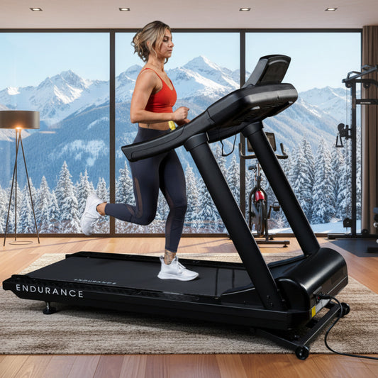 Body-Solid Endurance T150 Commercial Treadmill woman running in home. winter mountain view