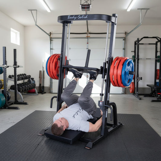 Body-Solid Body-Solid GVLP Vertical Leg Press man exercising in garage gym