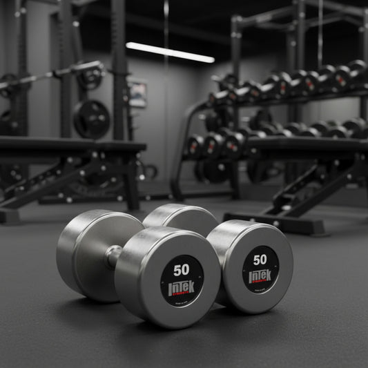 Intek Delta Series Stainless Steel Dumbbells in gym