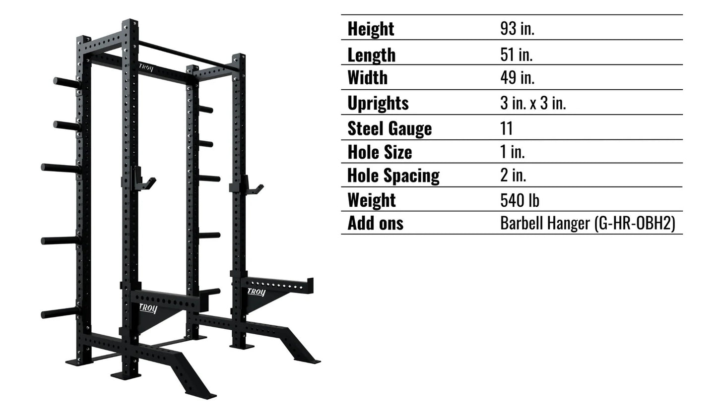 Troy Barbell G-HR-3010 Apollo Half Rack specs.