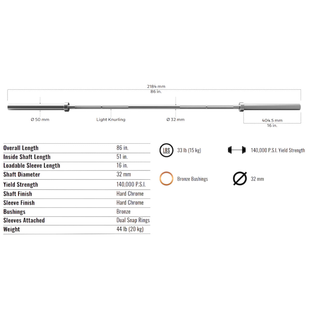 Troy Barbell VTX GOB-1200 Olympic International Power Bar specifications.