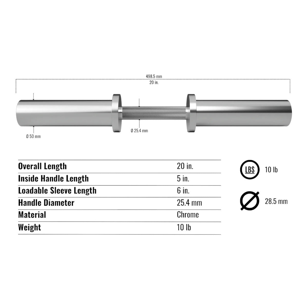 Troy Barbell USA Sports GOD-20 Olympic Dumbbell Handle specifications.