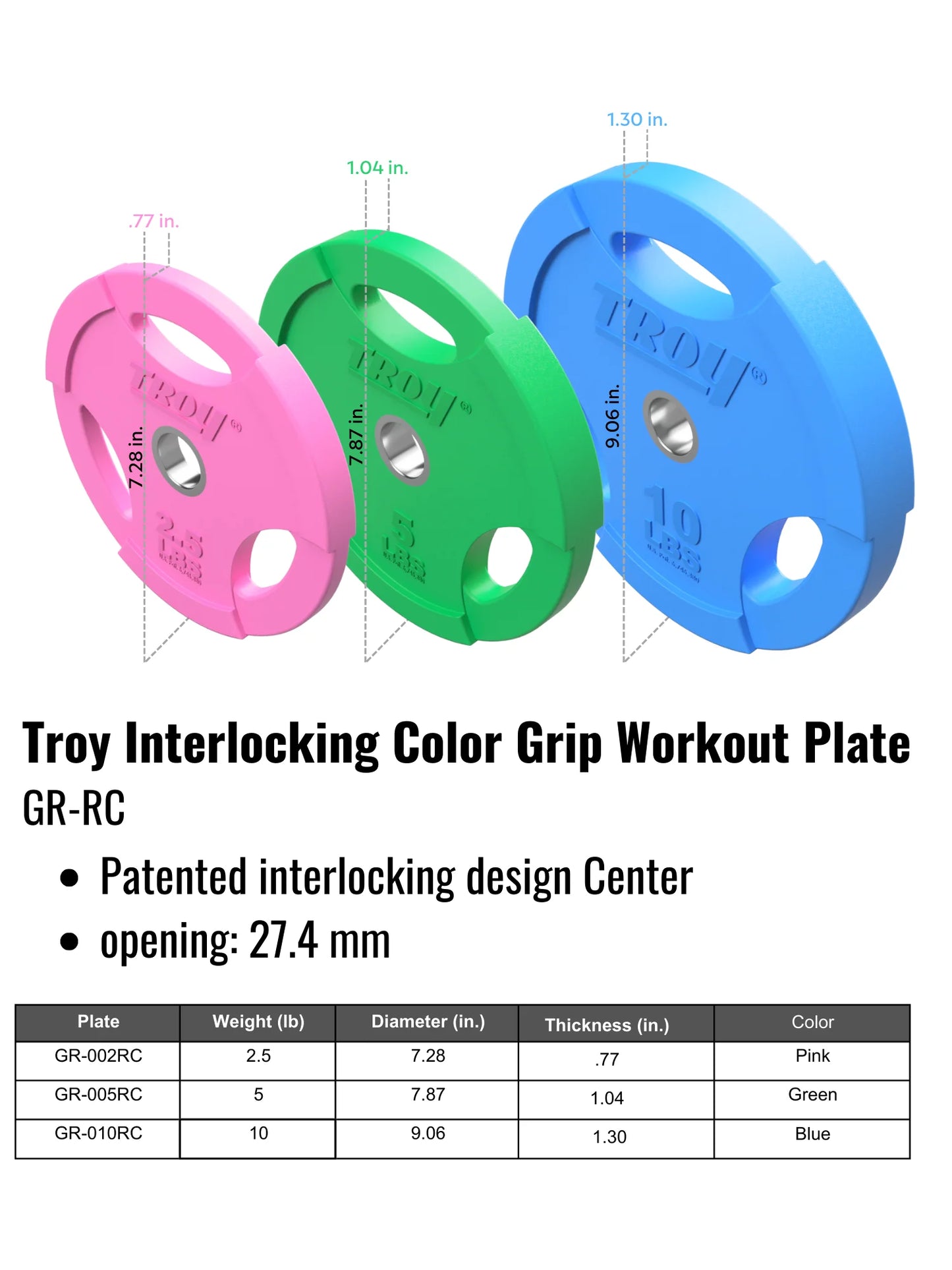 Troy Barbell GR-RC color plate specifications.
