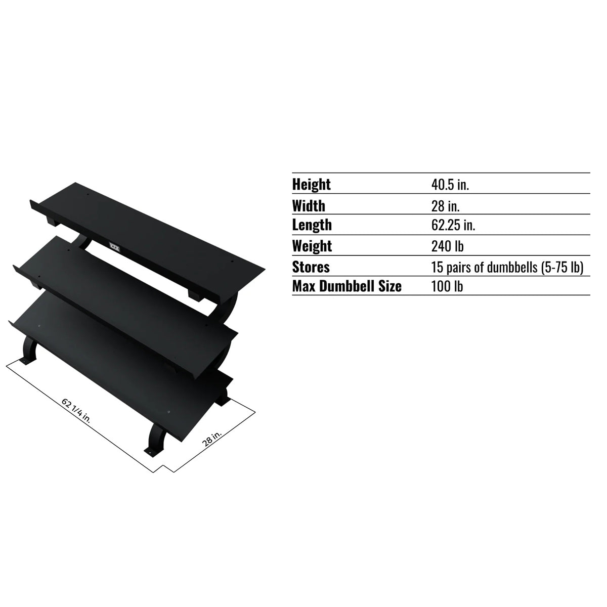 Troy Barbell VTX GTDR-3 Three Tier Shelf Dumbbell Rack specifications.