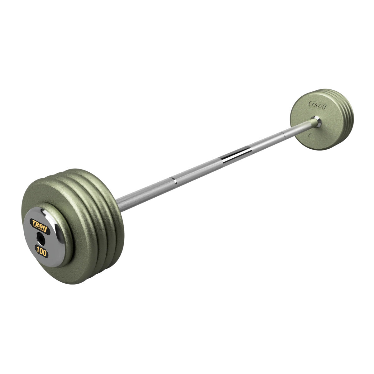 Troy Barbell HFB-C Pro Style 100lb Straight Gray Barbell Chrome End Cap on white background.