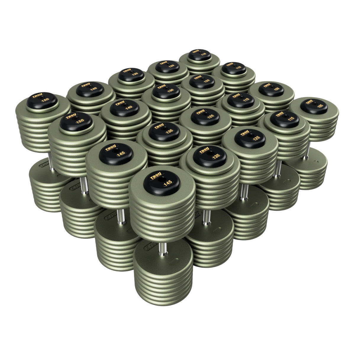 Troy Barbell HFD Pro Style Gray plates, straight handle with black rubber end caps Dumbbells 105 to 150 lb set.