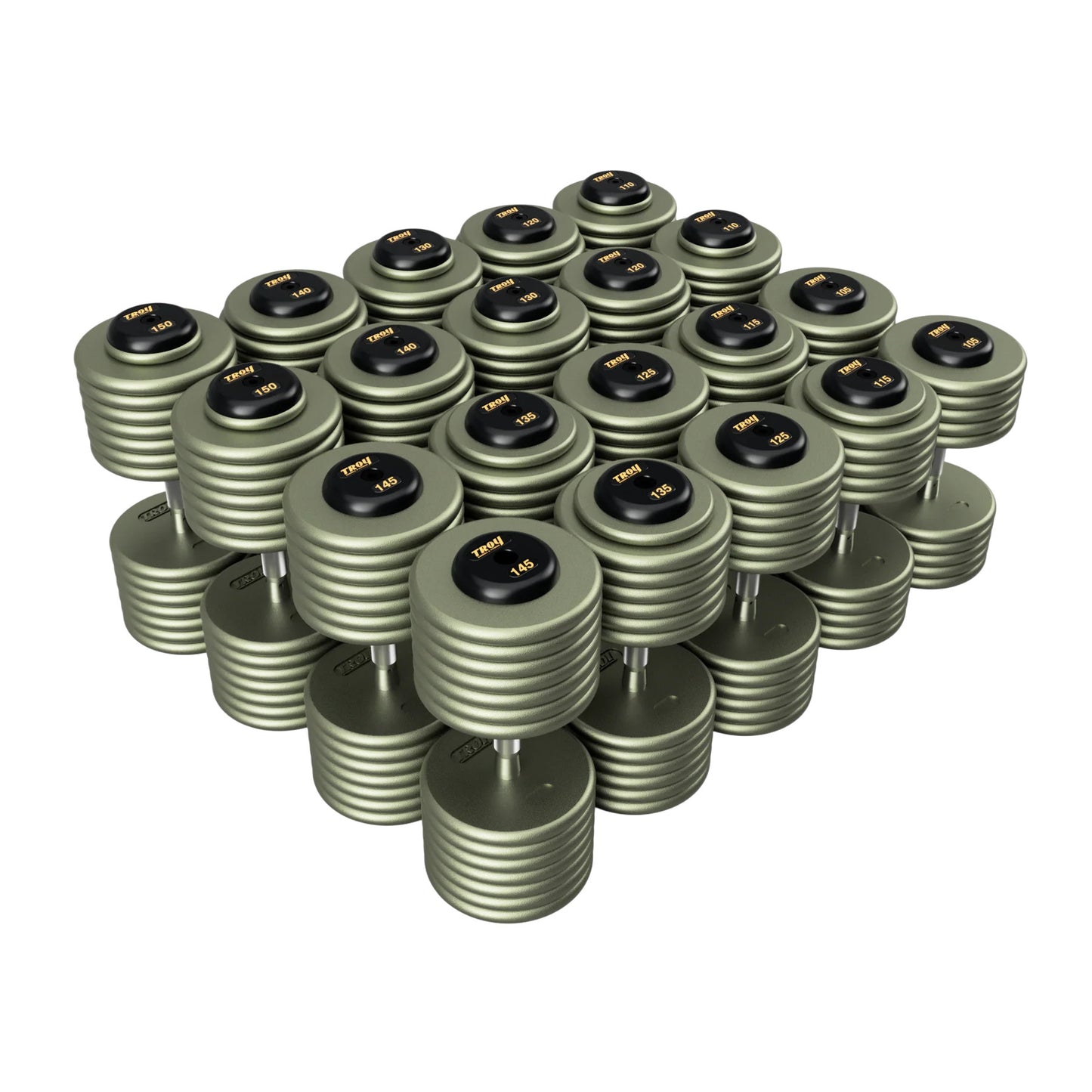 Troy Barbell HFDC Pro Style Gray plates, contour handle with black rubber end cap Dumbbells 105 to 150 lb set.