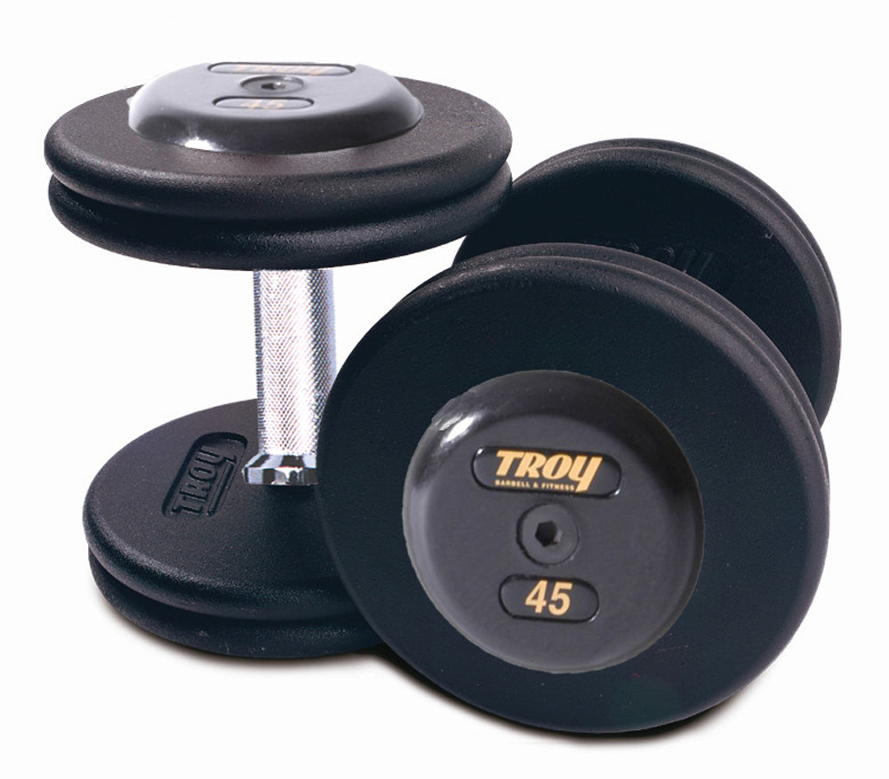 Troy Barbell PFD Pro Style Black Dumbbell with black rubber end caps.