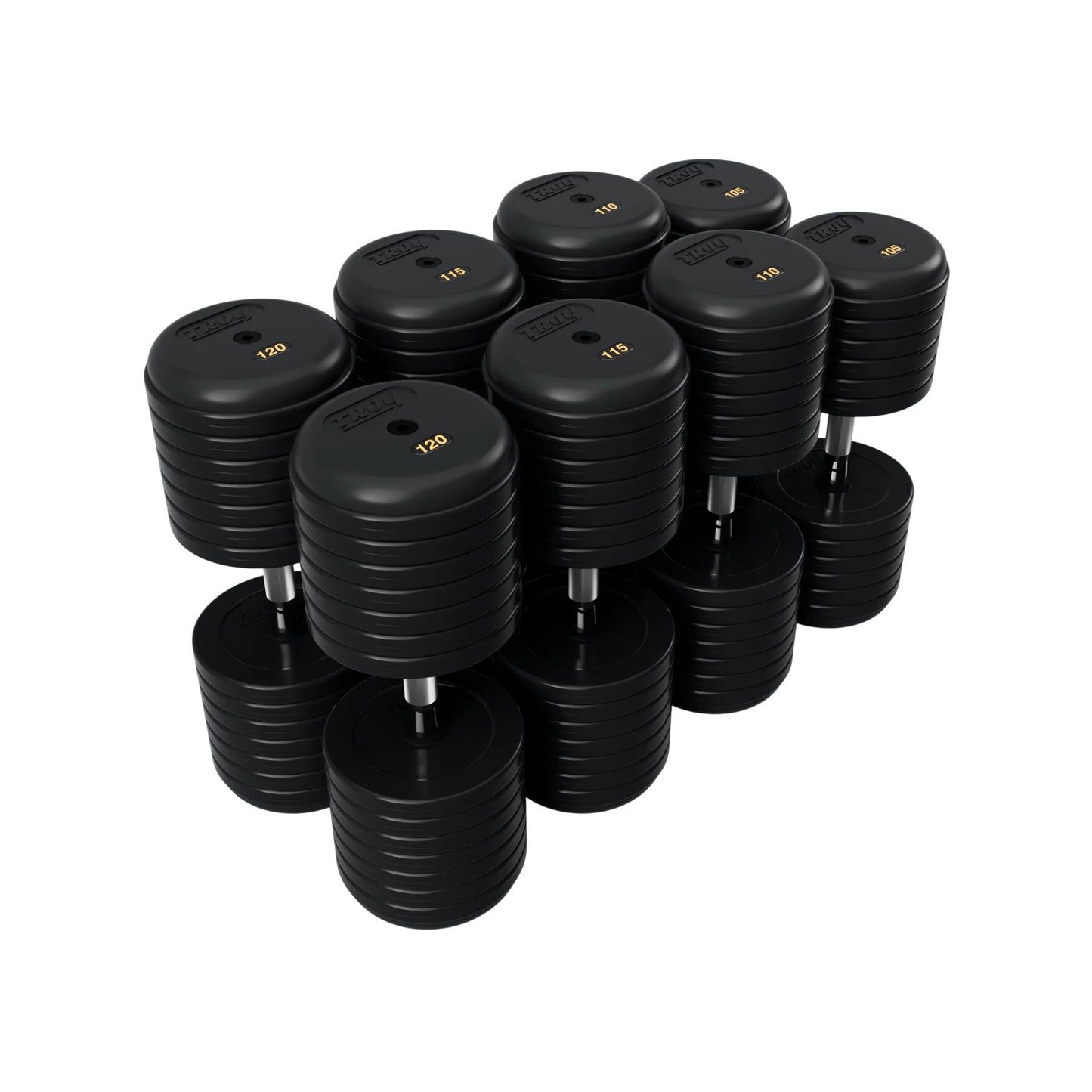 Troy Barbell RUFD Pro Style Black Rubber Encased Dumbbells contour handle with black rubber end cap 105 to 120 lb set.