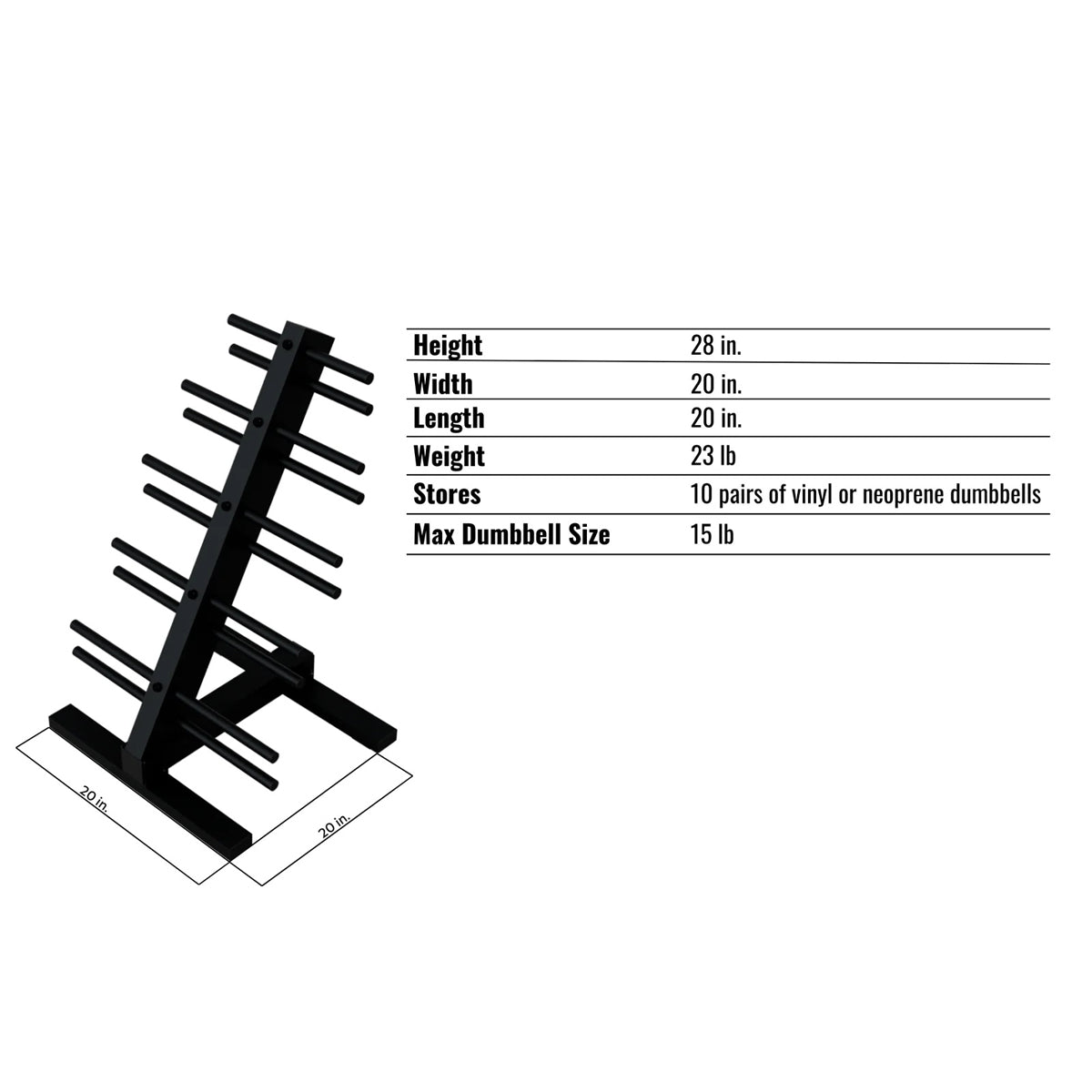 Troy Barbell VTX T-HDR Vinyl or Neoprene Compact Dumbbell Rack specifications.