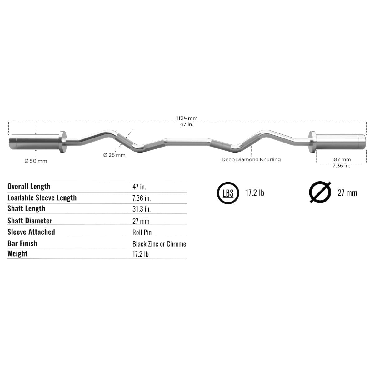 Troy Barbell TOZ-47 Olympic Curl Bar specification.