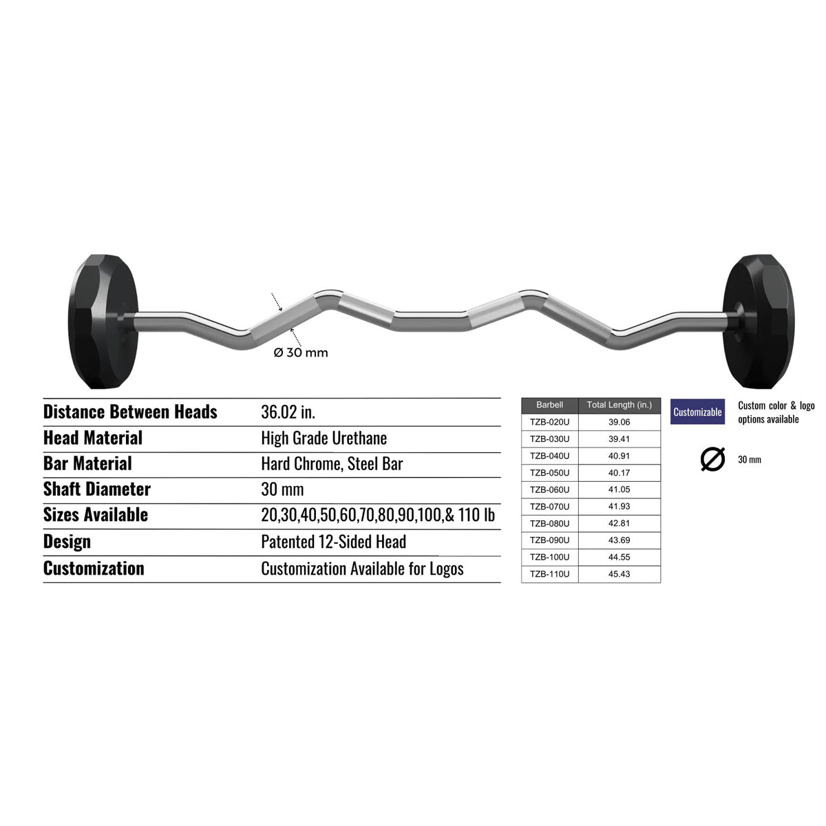 Troy Barbell TZB-U 12 Sided EZ Curl Urethane Barbell specifications.