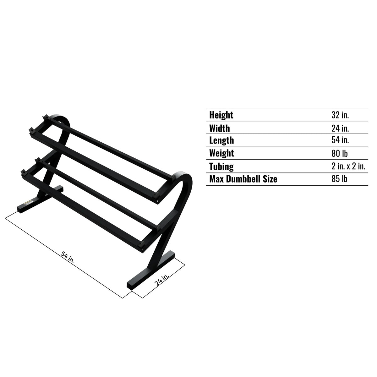 Troy Barbell VTX T-DR Two Tier Horizontal Dumbbell Rack Specifications.