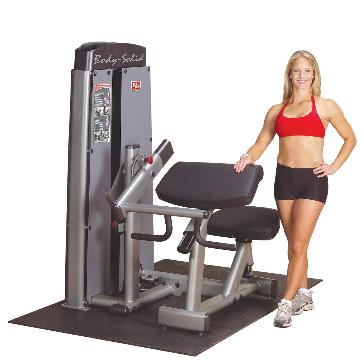 Body-Solid DBTCSF ProDual Biceps Triceps Machine woman next to machine