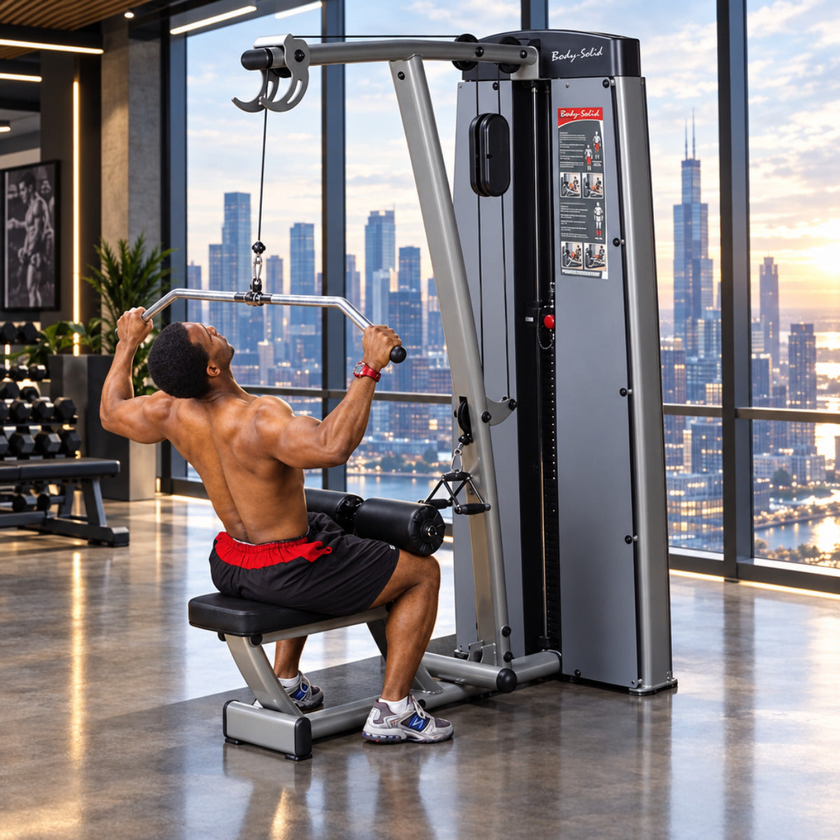 Body-Solid DLAT ProDual Lat & Mid Row Machine man exercising in gym