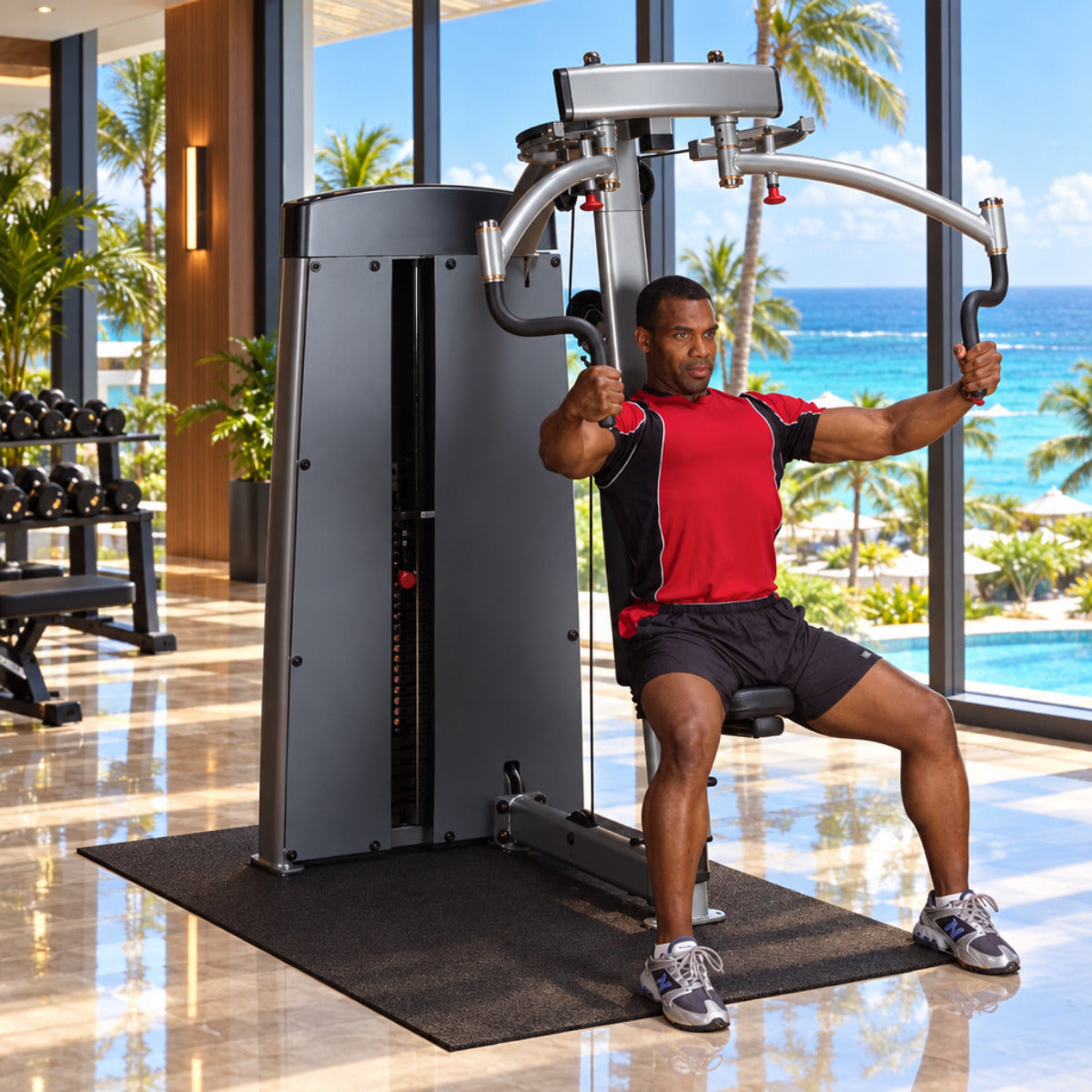 Body-Solid DPECSF ProDual Pec Rear Delt Machine in gym man exercising
