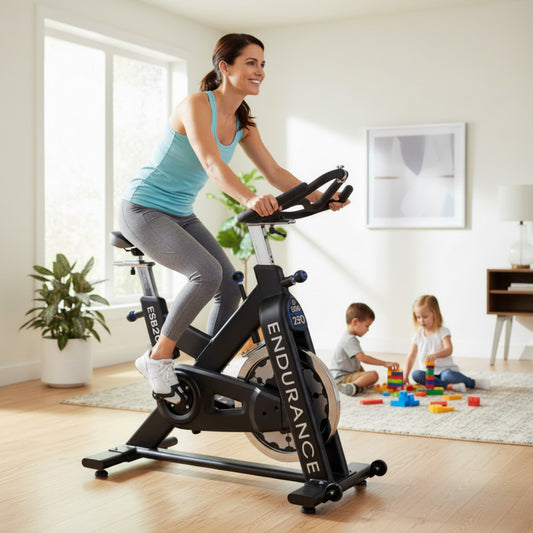 Body-Solid Endurance ESB250 Indoor Cycle mom riding in living room