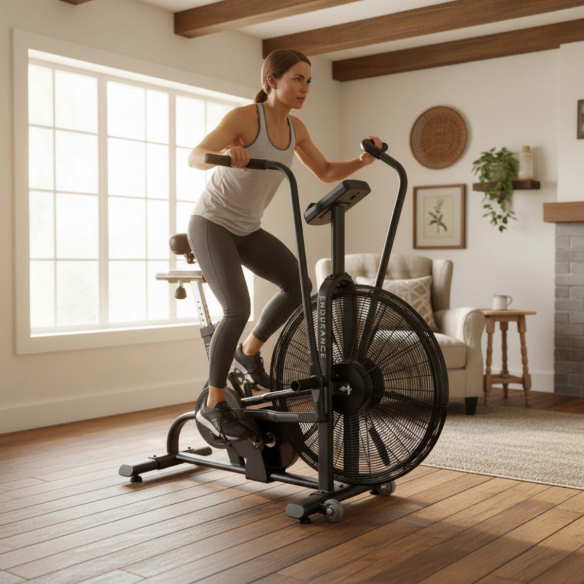 Body-Solid Endurance Dual Action Fan Bike with woman riding
