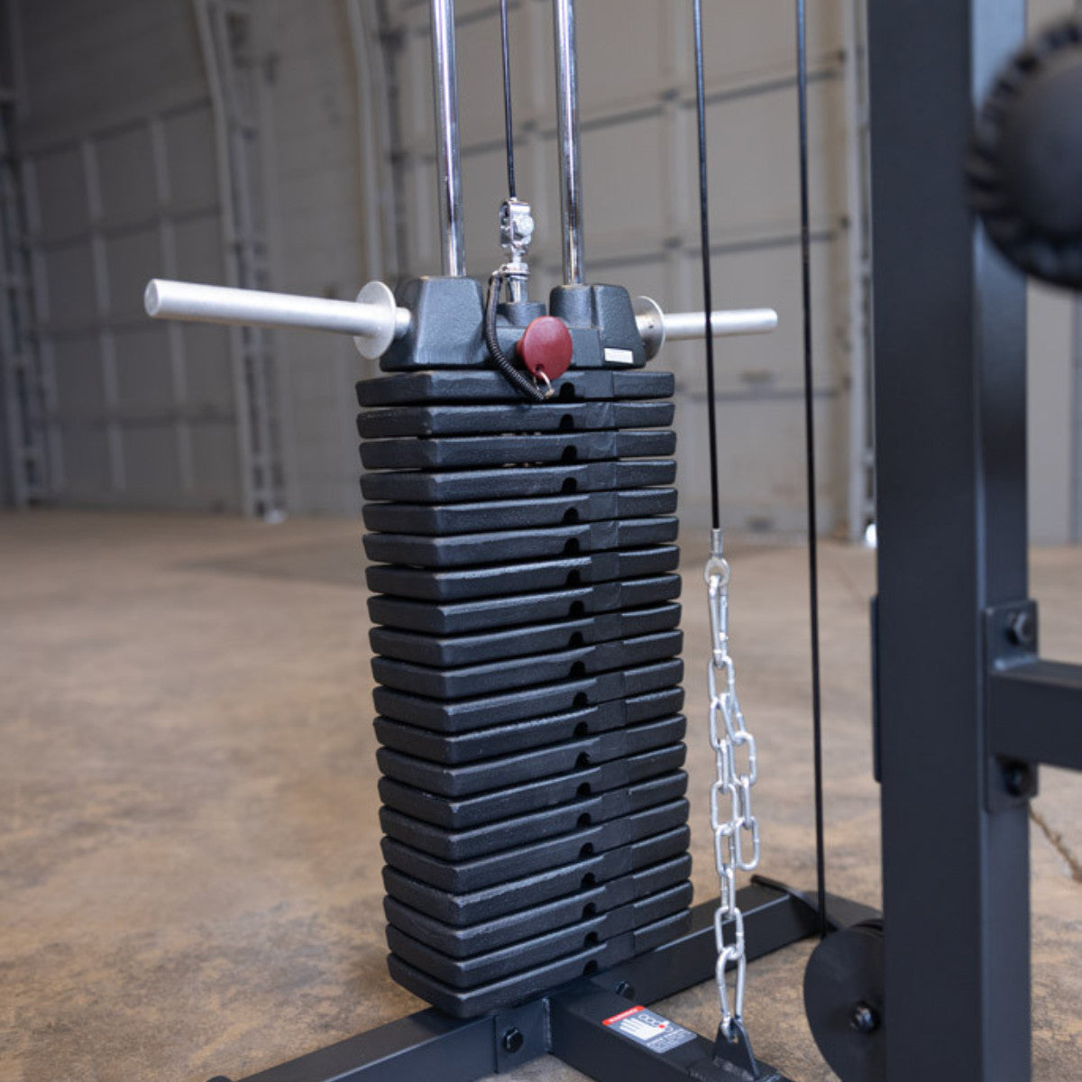 Body-Solid GLM85B Lat Machine weight stack closeup
