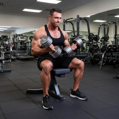 Body-Solid GST20B Utility Stool bodybuilder doing dumbbell curls