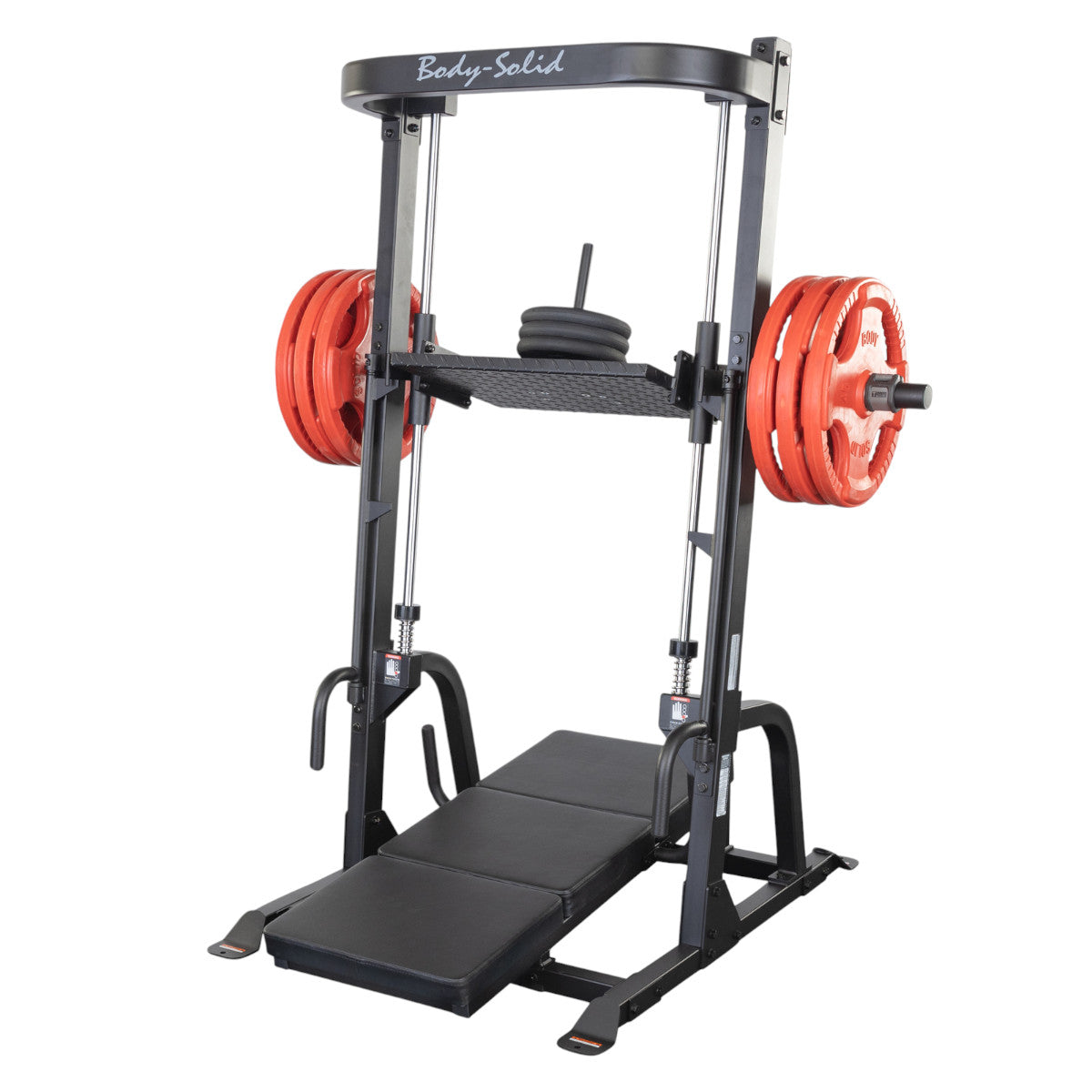 Body-Solid Body-Solid GVLP Vertical Leg Press with regular plates and Olympic plates on white background