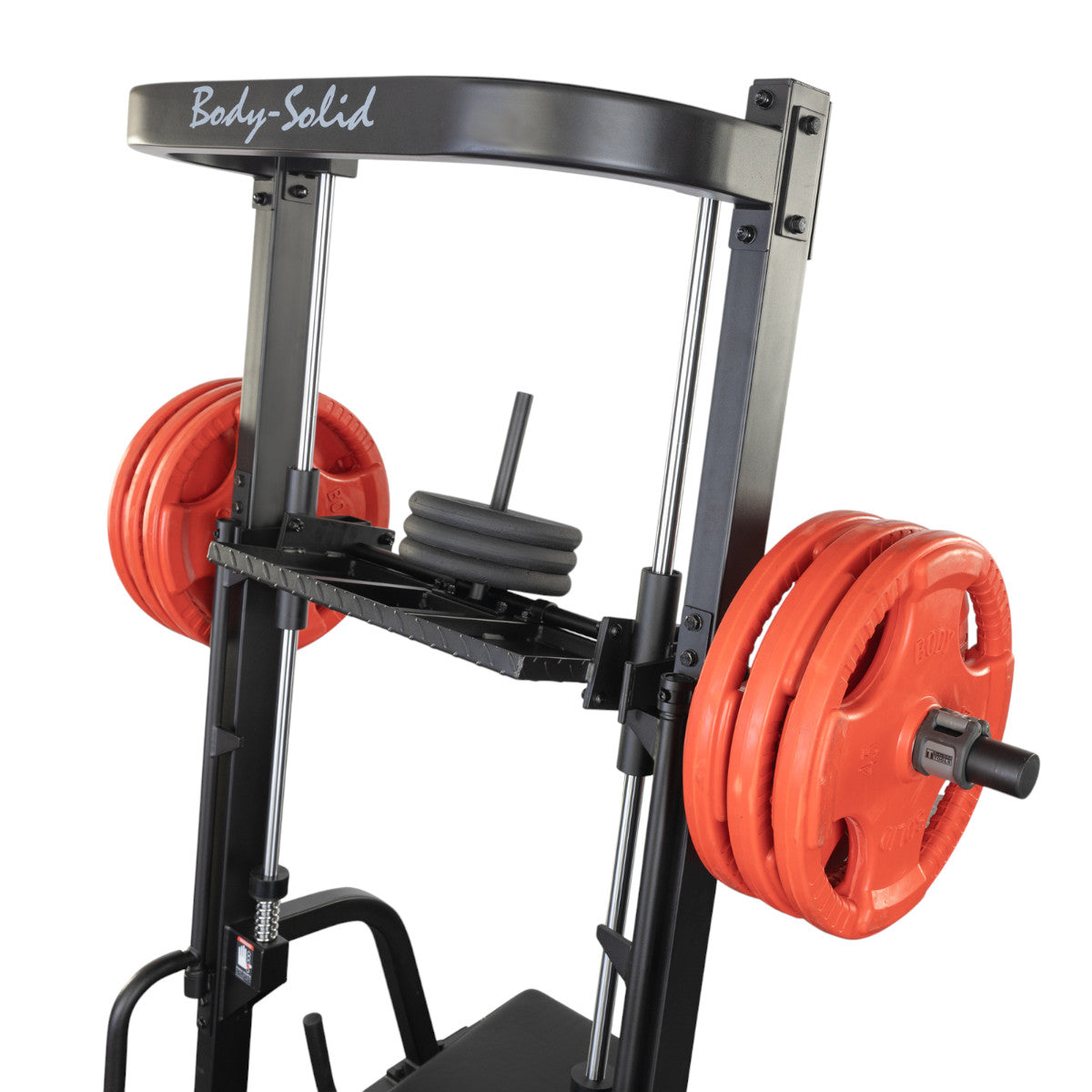 Body-Solid Body-Solid GVLP Vertical Leg Press with regular plates and Olympic plates on white background