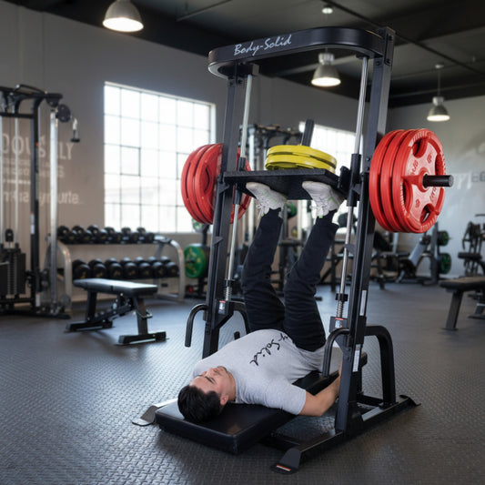 Body-Solid Body-Solid GVLP Vertical Leg Press man exercising in gym
