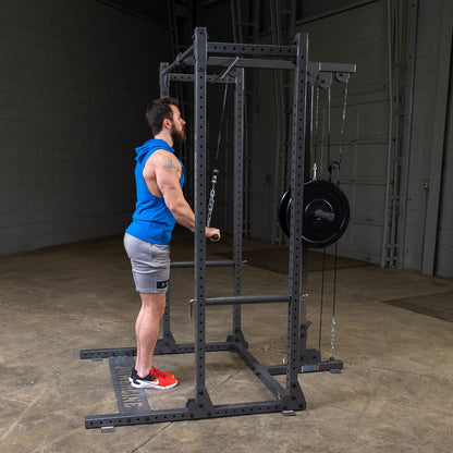 Body-Solid Powerline PPR500 Half Rack & PLA500 Lat Attachment with man exercising