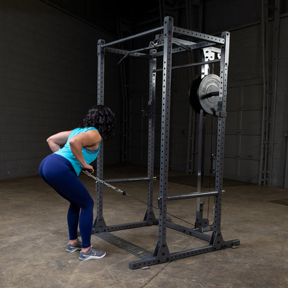 Body-Solid Powerline PPR1000 Power Rack with PLA1000 Lat Attachment woman exercising