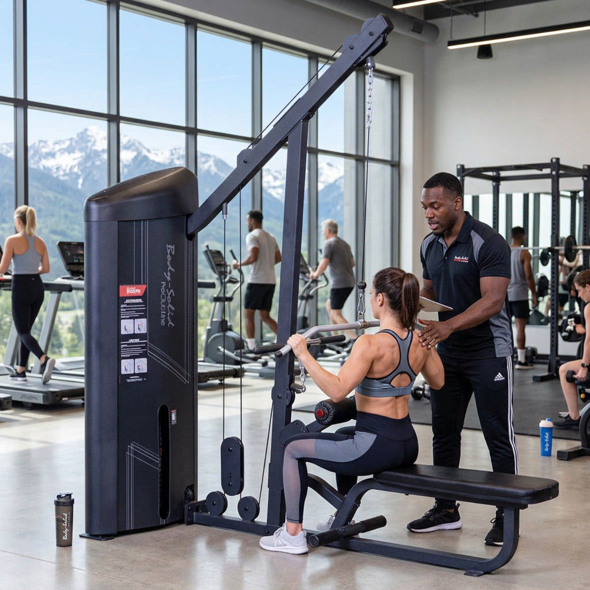 Body-Solid S2LATX Pro ClubLine Series 2 Dual Lat & Seated Row Machine with woman exercising and instructor