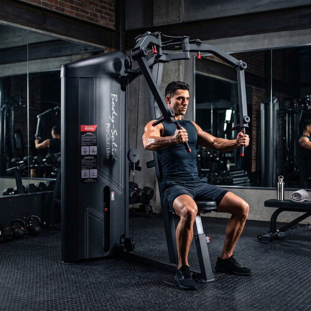 Body-Solid S2PECX Pro ClubLine Series 2 Dual Pec Fly & Rear Delt Machine in gym with man exercising