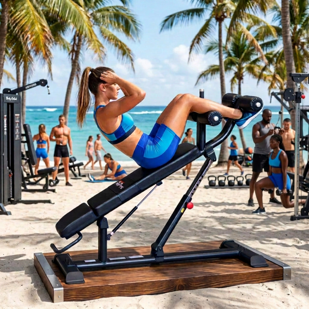 Body-Solid SAB500B Pro ClubLine Adjustable Decline Ab Bench at beach gym with woman doing ab crunches
