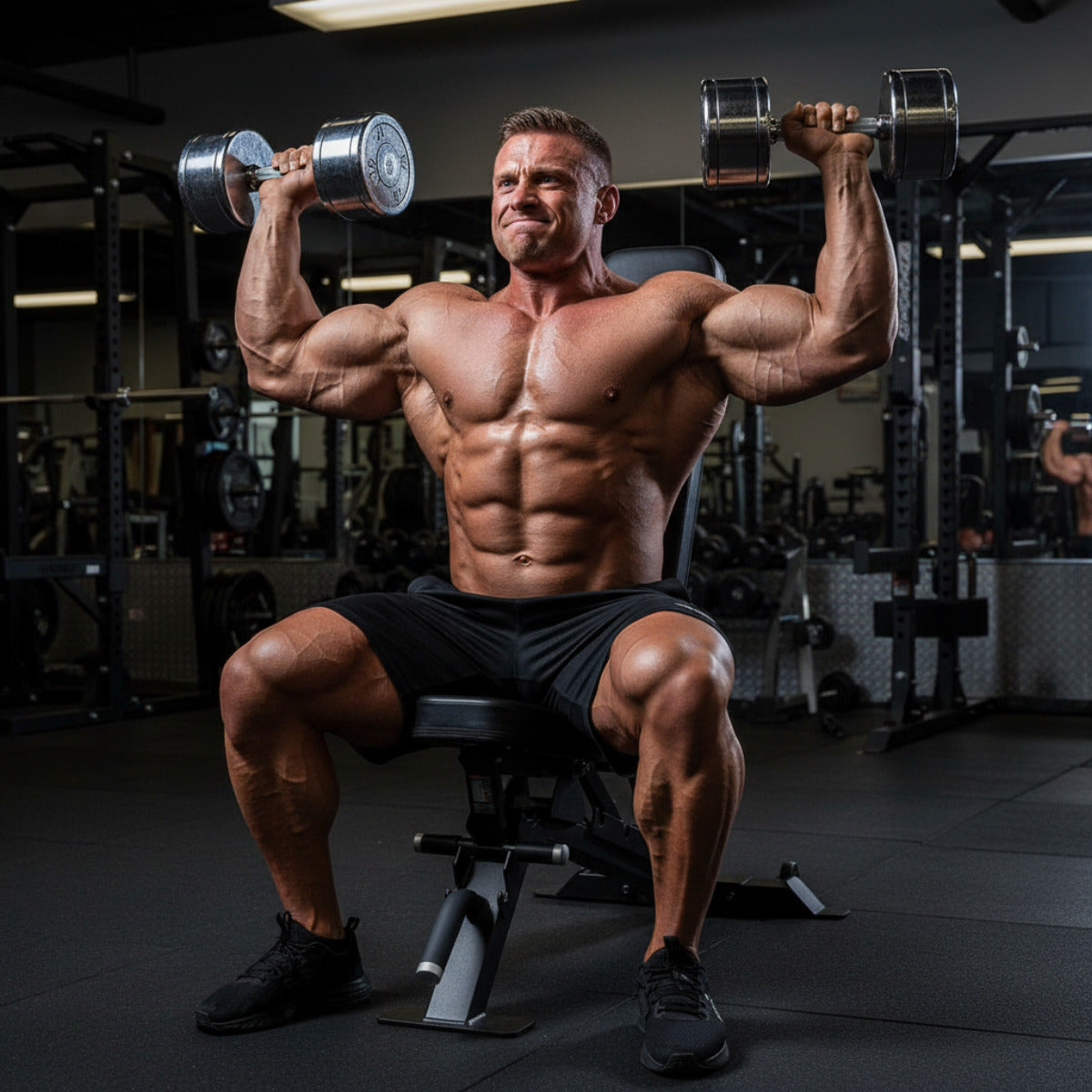 Freaky huge body-builder using Body-Solid SFID325B bench to do dumbbell shoulder press