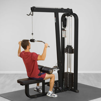 Body Solid SLM300B Pro ClubLine Lat Pulldown & Row Machine in gym with man exercising