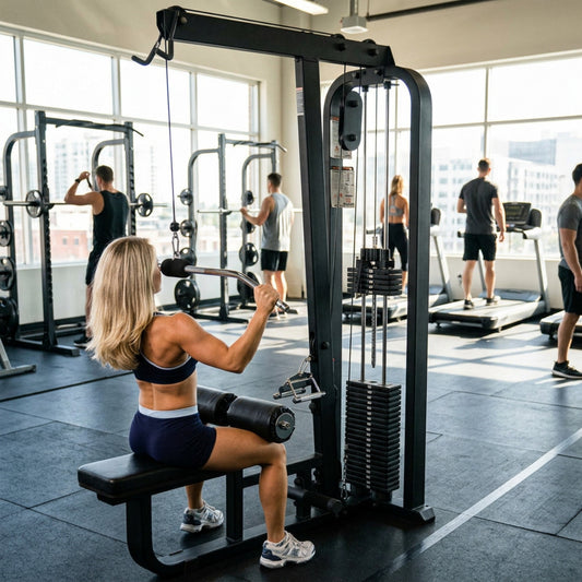 Body Solid SLM300B Pro ClubLine Lat Pulldown & Row Machine in gym with woman exercising