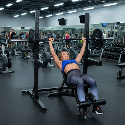 Body-Solid Pro ClubLine SPR250 Squat Rack in gym woman exercising