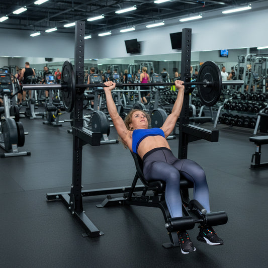 Body-Solid Pro ClubLine SPR250 Squat Rack in gym woman exercising