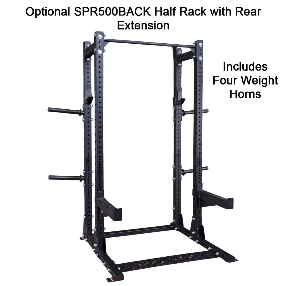 Body-Solid Pro ClubLine SPR500 Commercial Half Rack with rear extension on white background