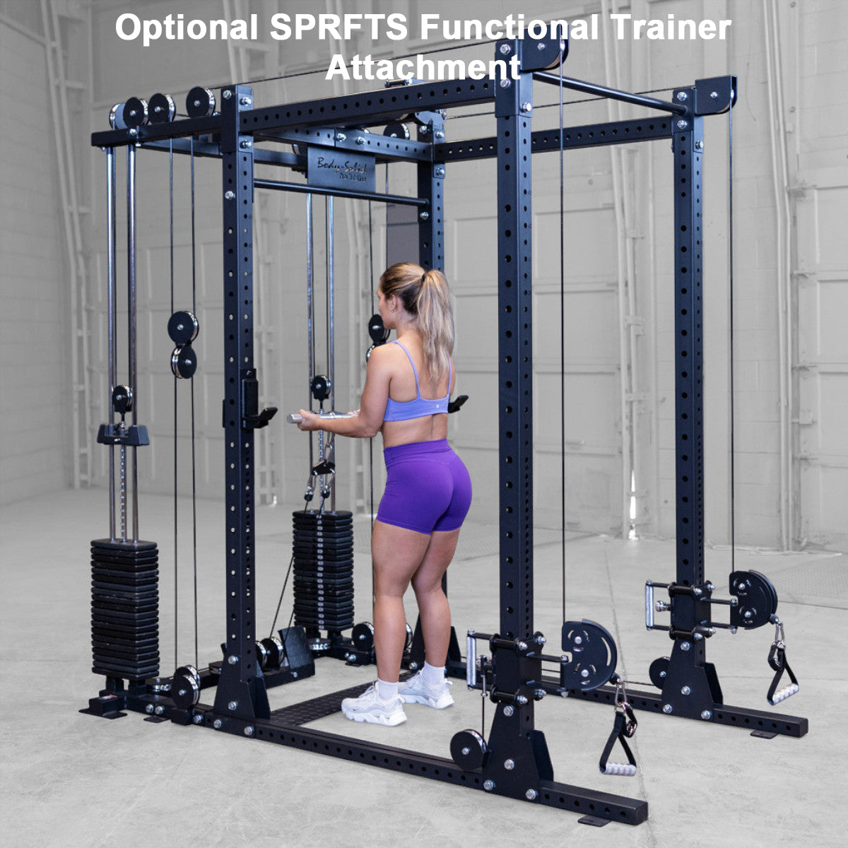 Body-Solid SPR1000 Commercial Power Rack SPRFTS Functional Trainer Attachment woman exercising