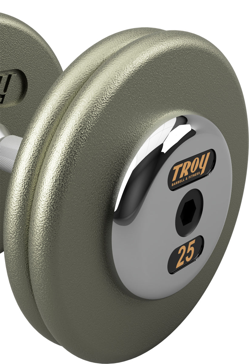 Troy Barbell Contour Handle HFDC-C pro-style dumbbells close up.