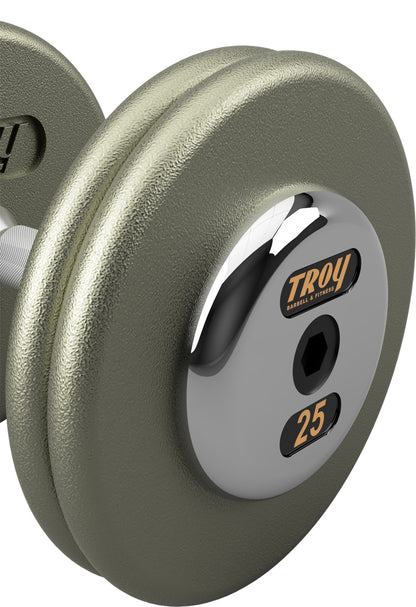 Troy Barbell Contour Handle HFDC-C pro-style dumbbells close up.