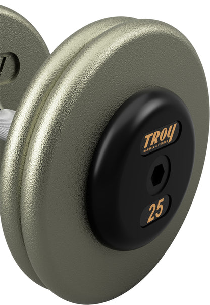 Troy Barbell Contour Handle HFDC-R pro-style dumbbells close-up.