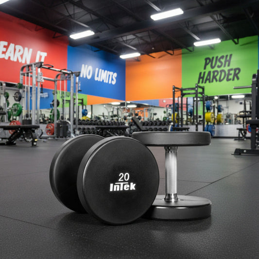 Intek Strength Armor Series Solid Urethane Dumbbells in gym