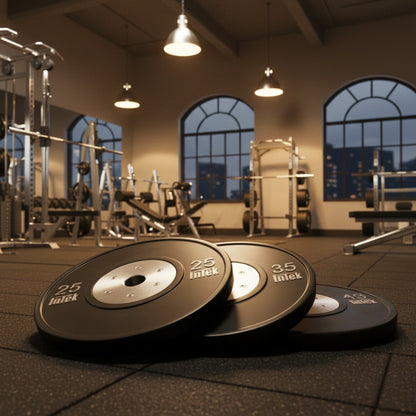 Intek Strength Bravo Series NRBB Rubber Bumper Plates in gym