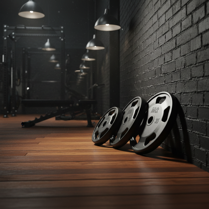 Intek Strength RRO Champion Series Rubber Olympic Plates in gym