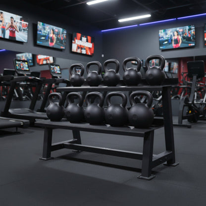Gym interior with Intek Strength kettlebells on a rack and multiple screens displaying workout videos.