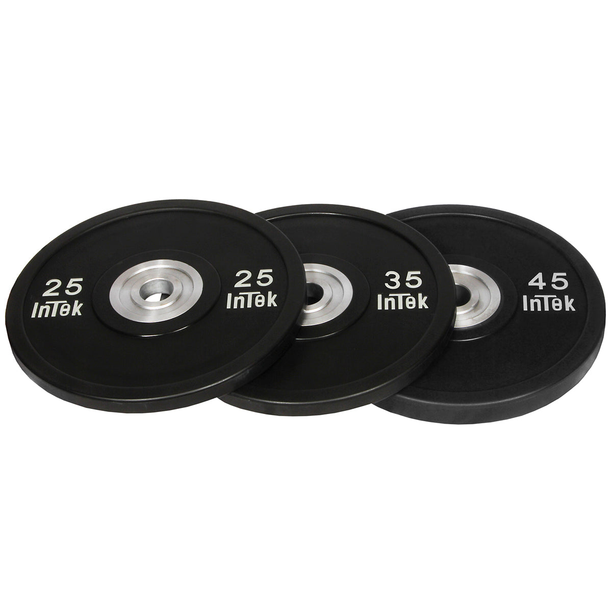 Intek Strength Armor Series IBBN Black Urethane Bumper Plates LBS on white background