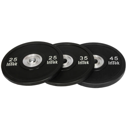 Intek Strength Armor Series IBBN Black Urethane Bumper Plates LBS on white background