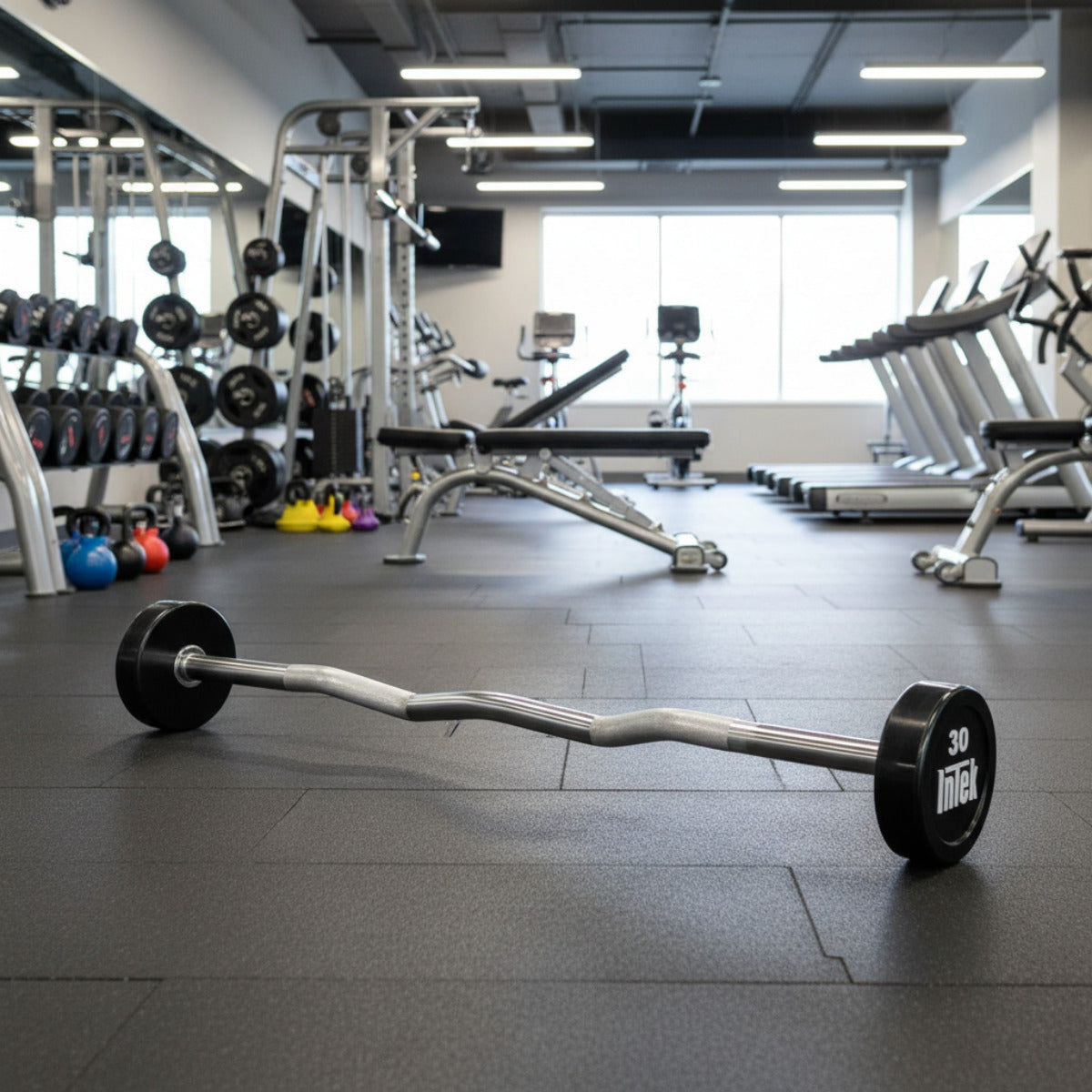 Intek Strength Bravo Series Urethane Curl Barbell in gym
