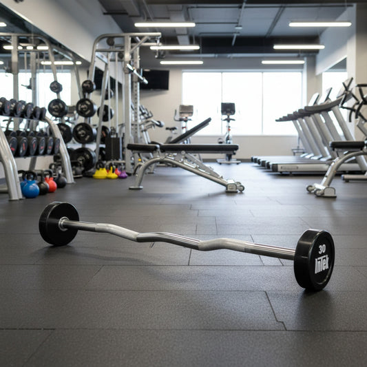 Intek Strength Bravo Series Urethane Curl Barbell in gym